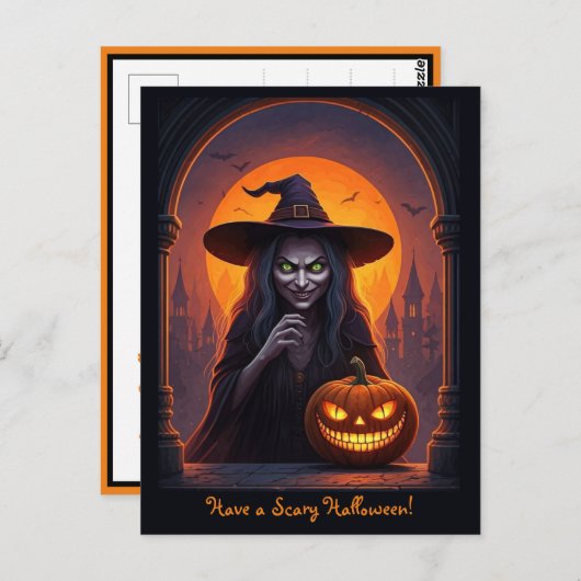Halloween heks en gekke glimlach pompoen briefkaart (Voorkant / Achterkant)
