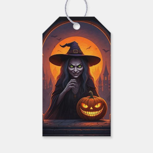 Halloween heks en gekke glimlach pompoen cadeaulabel (Voorkant)