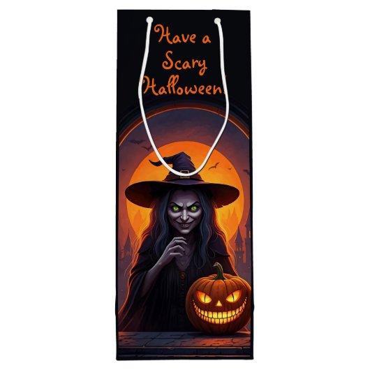 Halloween heks en gekke glimlach pompoen wijn cadeautas (Achterkant)