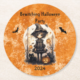 Halloween heks en haar vriendinnen ronde kartonnen onderzetter