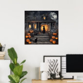 Halloween Heks en Haunted House Poster (Thuiskantoor)