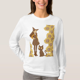 “Halloween Heks en Kat Basic T-shirt met Lange Mou