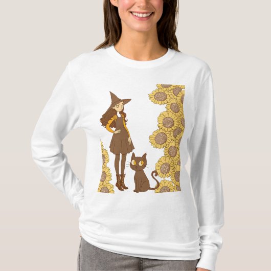 “Halloween Heks en Kat Basic T-shirt met Lange Mou (Voorkant)