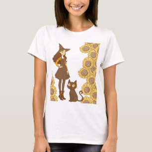 “Halloween Heks en Kat met Zonnebloemen” T-shirt
