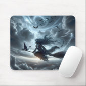 Halloween heks en kat op een bezem muismat (Met muis)