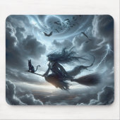 Halloween heks en kat op een bezem muismat (Voorkant)