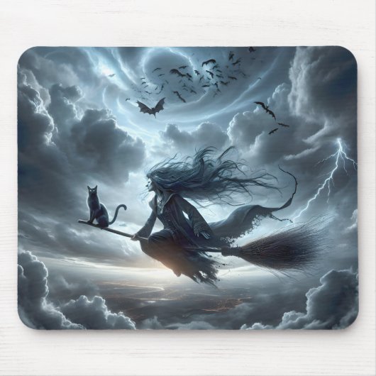 Halloween heks en kat op een bezem muismat (Voorkant)