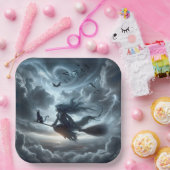 Halloween heks en kat op een bezem papieren bordje (Feest)