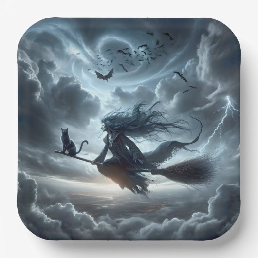 Halloween heks en kat op een bezem papieren bordje (Voorkant)