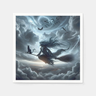 Halloween heks en kat op een bezem servet