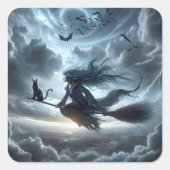 Halloween heks en kat op een bezem vierkante sticker (Voorkant)