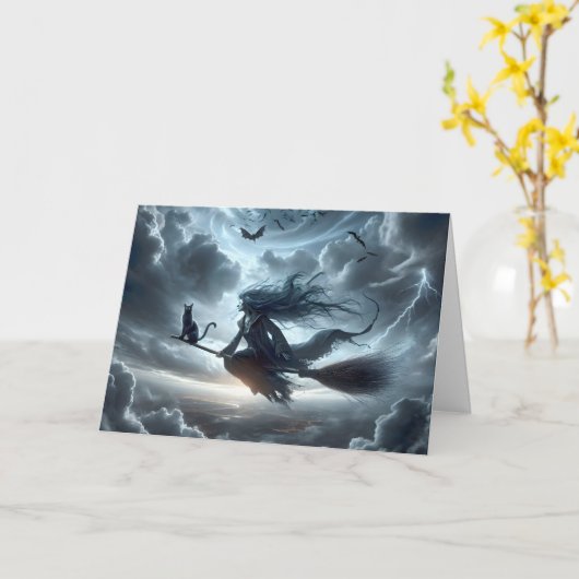 Halloween heks en kat op een bezemsteel kaart (Gele Bloem)