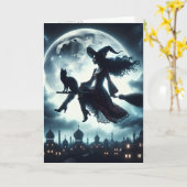 Halloween heks en kat op een bezemsteel kaart (Gele Bloem)