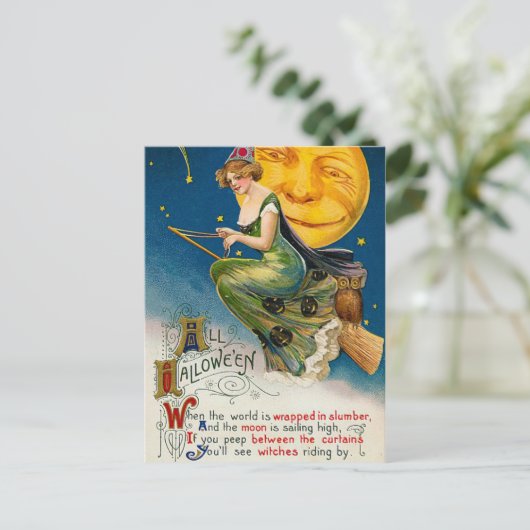 Halloween heks en maan vakantie briefkaart (Staand voorkant)