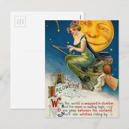 Halloween heks en maan  vakantie briefkaart (Voorkant / Achterkant)
