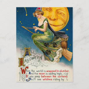 Halloween heks en maan  vakantie briefkaart
