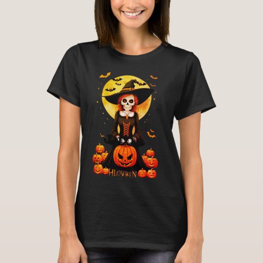 Halloween heks en oranje pompoen T-shirt (Voorkant)