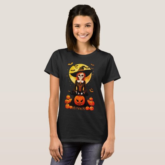 Halloween heks en oranje pompoen T-shirt (Voorkant volledig)