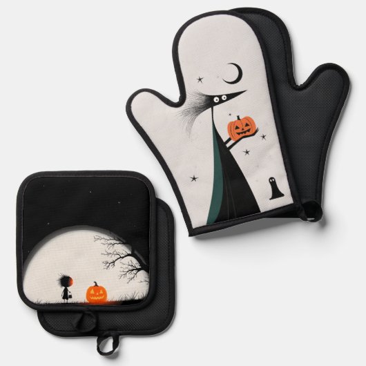 Halloween heks en pompoen ovenwant & pannenlap set (Voorkant / Achterkant)