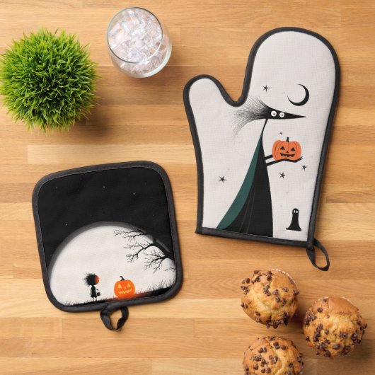 Halloween heks en pompoen ovenwant & pannenlap set (Top down)