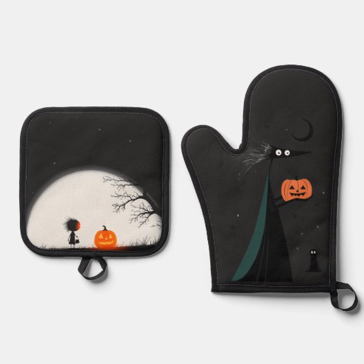 Halloween heks en pompoen ovenwant & pannenlap set (Voorkant)