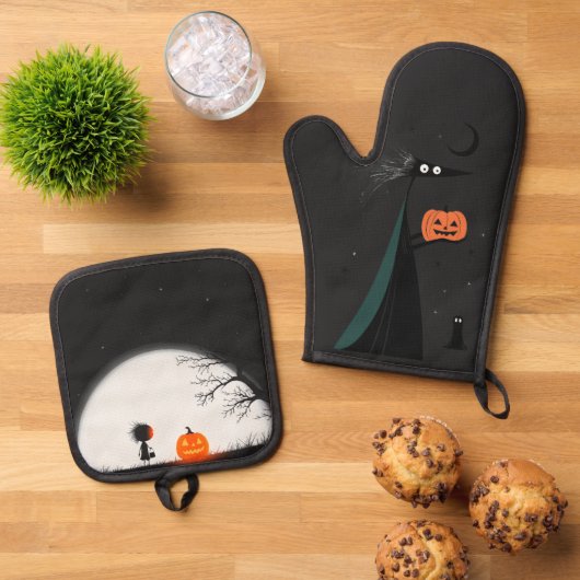 Halloween heks en pompoen ovenwant & pannenlap set (Top down)