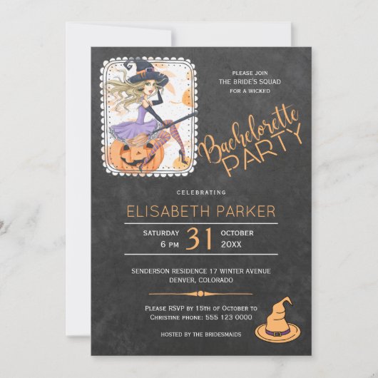 Halloween heks en pompoen vrijgezellenfeest kaart (Voorkant)