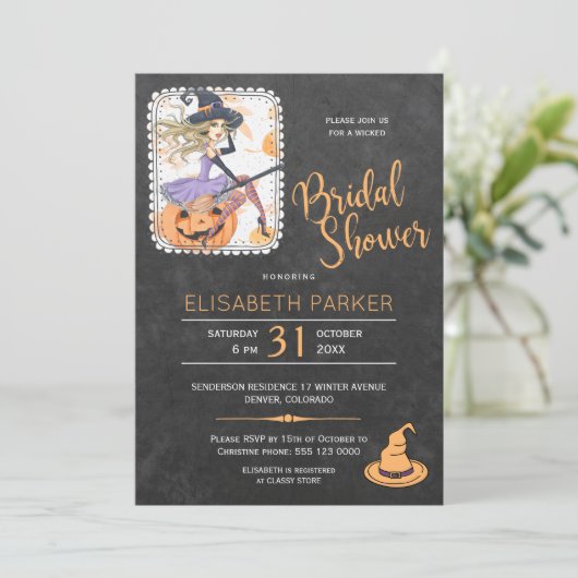 Halloween heks en pompoen vrijgezellenfeest partij kaart (Staand voorkant)