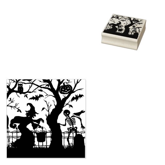  Halloween Heks en Skelet Rubberstempel (Gestempeld)