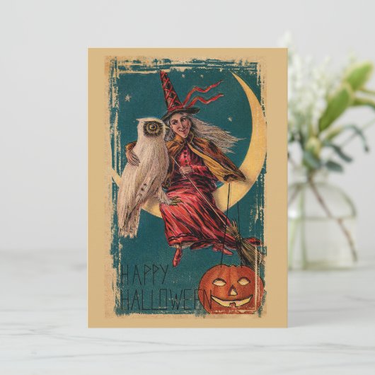 Halloween heks en uil Feestdagenkaart (Staand voorkant)
