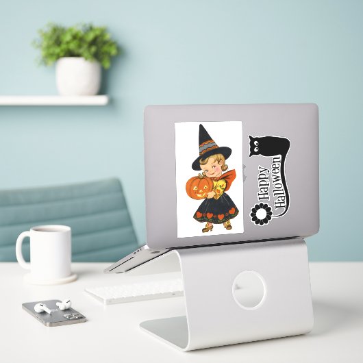 Halloween heks en uil sticker (Laptop op bureau)