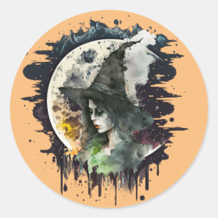 Halloween Heks en Volle Maan Ronde Sticker