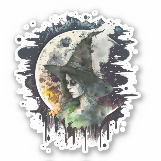 Halloween Heks en Volle Maan Sticker (Voorkant)