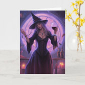 Halloween Heks en Wijn Grappige Mooie Heks Kaart (Gele Bloem)