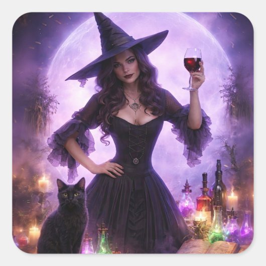 Halloween Heks en Wijn Mooie Sticker (Voorkant)