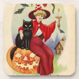 Halloween-heks en zwarte kat Bier Onderzetter