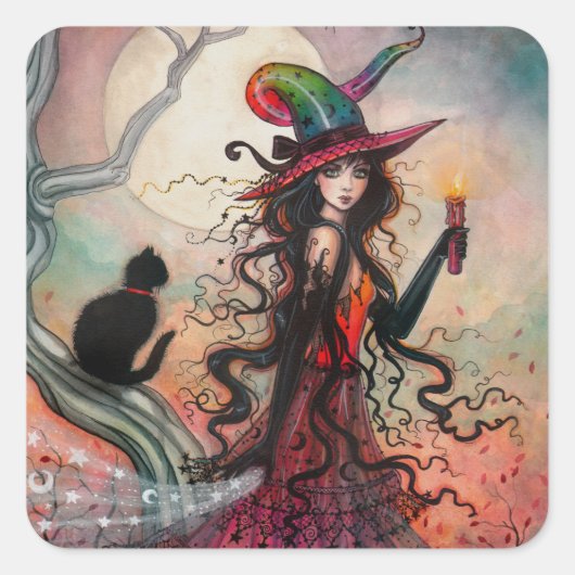 Halloween Heks en Zwarte Kat Fantasy Kunst Vierkante Sticker (Voorkant)