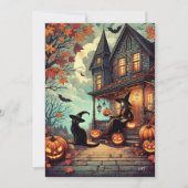 Halloween-heks en zwarte kat Feestdagenkaart (Voorkant)