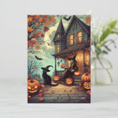 Halloween-heks en zwarte kat Feestdagenkaart (Staand voorkant)