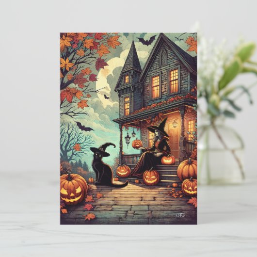 Halloween-heks en zwarte kat Feestdagenkaart (Staand voorkant)