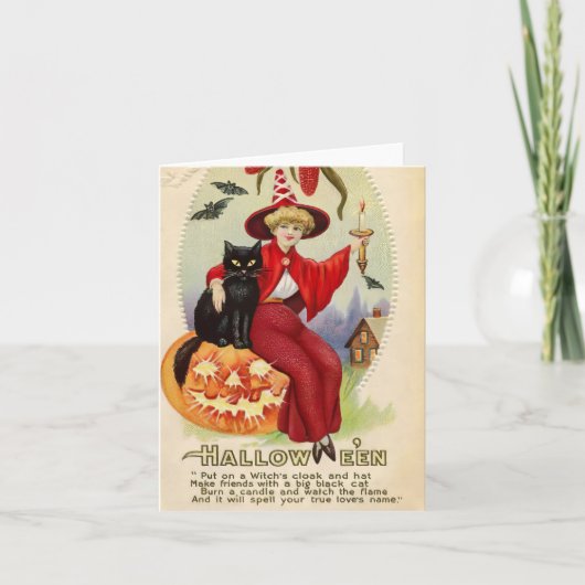 Halloween-heks en zwarte kat Kaart (Voorkant)