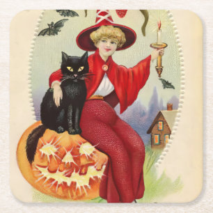 Halloween-heks en zwarte kat Kartonnen Onderzetters