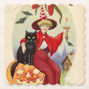 Halloween-heks en zwarte kat Kartonnen Onderzetters