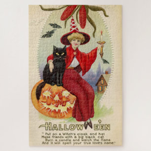 Halloween-heks en zwarte kat Legpuzzel