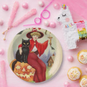  Halloween-heks en zwarte kat Papieren Bordje (Feest)