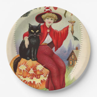 Halloween-heks en zwarte kat Papieren Bordje