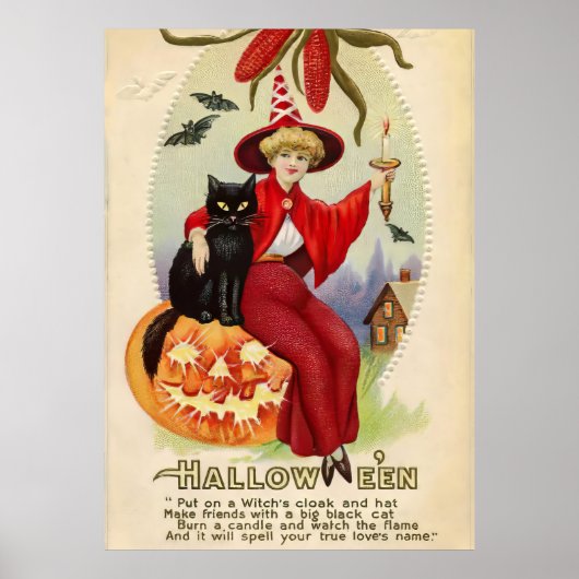  Halloween-heks en zwarte kat Poster (Voorkant)