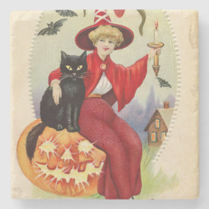 Halloween-heks en zwarte kat Stenen Onderzetter