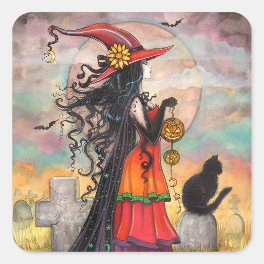 Halloween Heks en Zwarte Kat Stickers (Voorkant)
