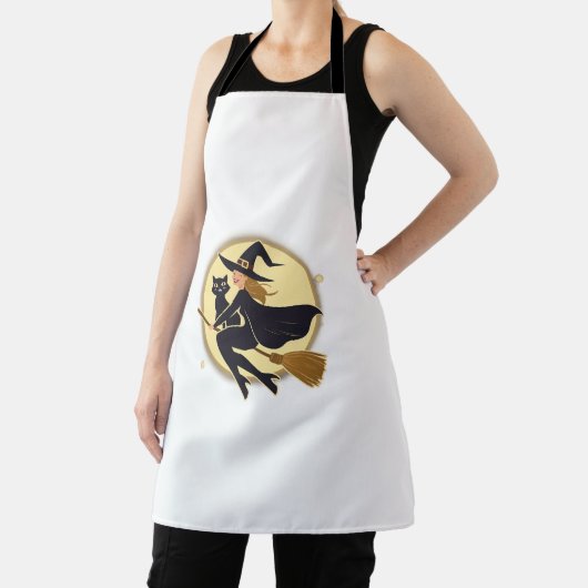 Halloween heks en zwarte kat vliegen in het maanli schort (Insitu)